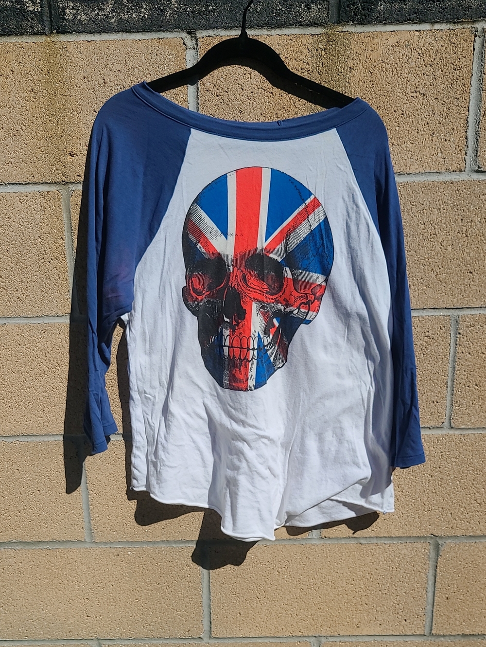 Wildfox White Tee with Blue Raglan Sleeves and Union Jack Skull